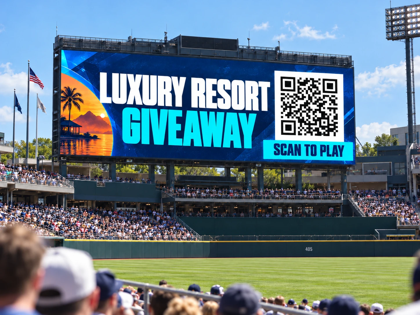 Generated concept: a resort giveaway invitation on a daytime baseball stadium jumbotron